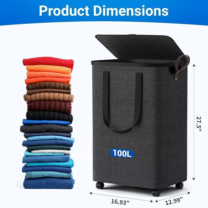 Laundry Basket with 5 Wheels, Tall Dirty Laundry Hamper, Rolling Laundry Basket - Image 3