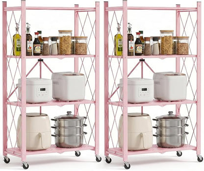 ALANNG 4 Tier Folding Storage Shelf on Wheels, Heavy Duty Metal Rolling Cart | by ALANNG