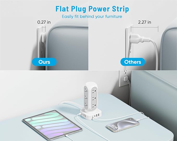Flat Plug Power Strip Tower, 40W Total Fast Charging Station, Dual PD 20W USB-C - Image 4