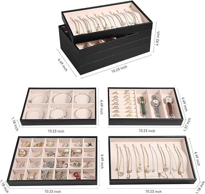 LANDICI Stackable Jewelry Organizer Trays 4 Set, PU Leather Jewelry Organizer - Image 4