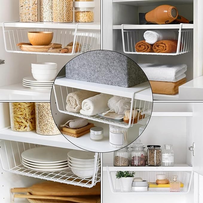 Tebery 4 Pack White Under Shelf Wire Basket Hanging Storage Baskets, Under - Image 3