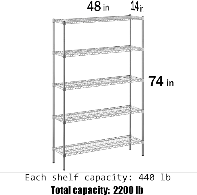 14" Deep x 48" Wide x 74" Height Wire Shelving Kit | 5-Tier | NSF Commercial - Image 3