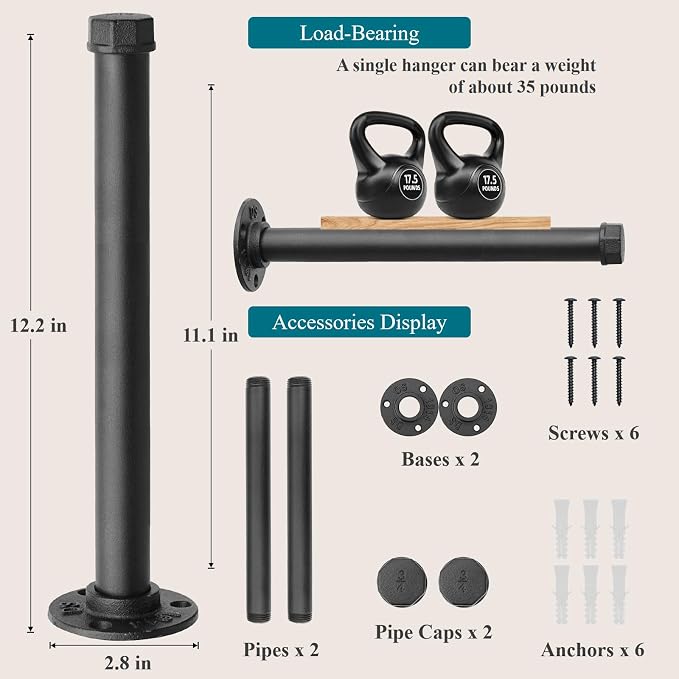 Cast Iron Wall Mounted Clothes Rack, Heavy Duty Industrial Pipe Clothing Rack - Image 2