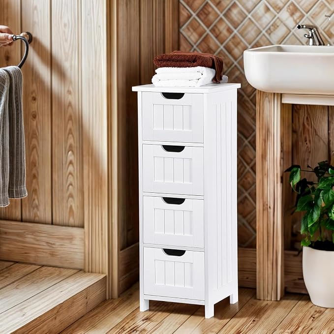 Bathroom Floor Storage Cabinet, Freestanding Wooden Side Organizer w/4 Drawers - Image 7