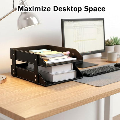 2-Tier Stackable Leather Desk Organizer, Letter Tray Holder - Image 6