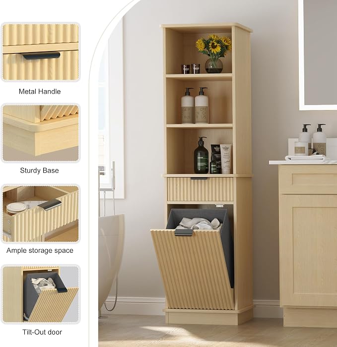 Natural Tilt Out Laundry Hamper Tall Bathroom Storage Cabinet Hidden Laundry - Image 3