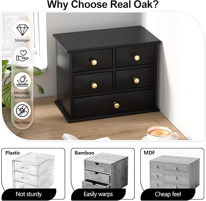 Oak Desk Organizer with Drawers, Durable Wooden Desktop Storage Box | 5 Drawer - Image 3