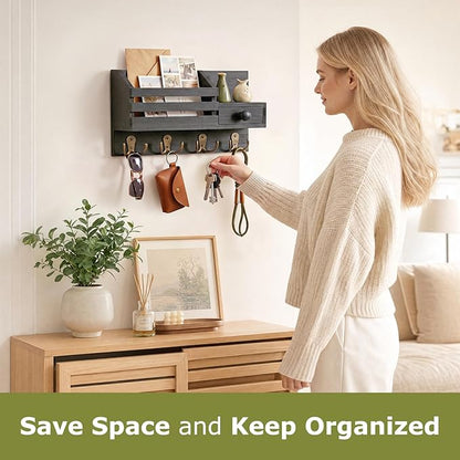 Key Holder Wall Mount, Wooden Adhesive Mail and Key Organizer - Image 2