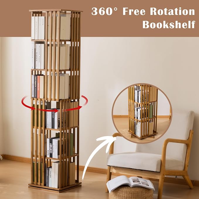 Bamboo 360° Rotating Bookshelf, 6-Tier Corner Bookcase Tower - Image 4