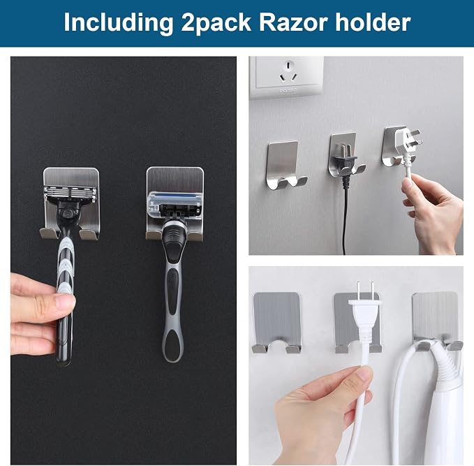 Diesisa Razor Holder for Shower + Adhesive Wall Hooks, Premium 304 Stainless - Image 2