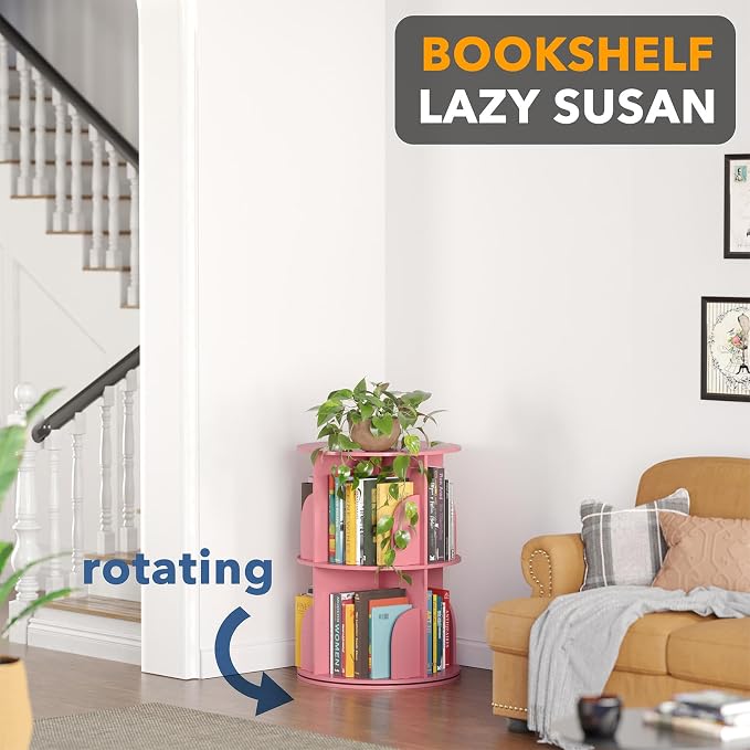 SpaceAid 2 Tier Rotating Bookshelf Tower, Spinning Bookcase Lazy Susan - Image 4