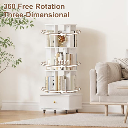 3-Tier Rotating Bookshelf with Drawers on Wheels, 360° Spinning Corner Bookcase - Image 6