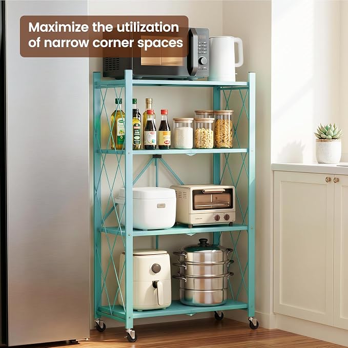 ALANNG 4 Tier Folding Storage Shelf on Wheels, Heavy Duty Metal Rolling Cart | - Image 3