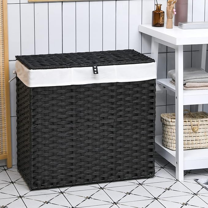 Giantex Laundry Hamper with Wheels and Lid, 125L Rattan Clothes Hamper with 2 - Image 9