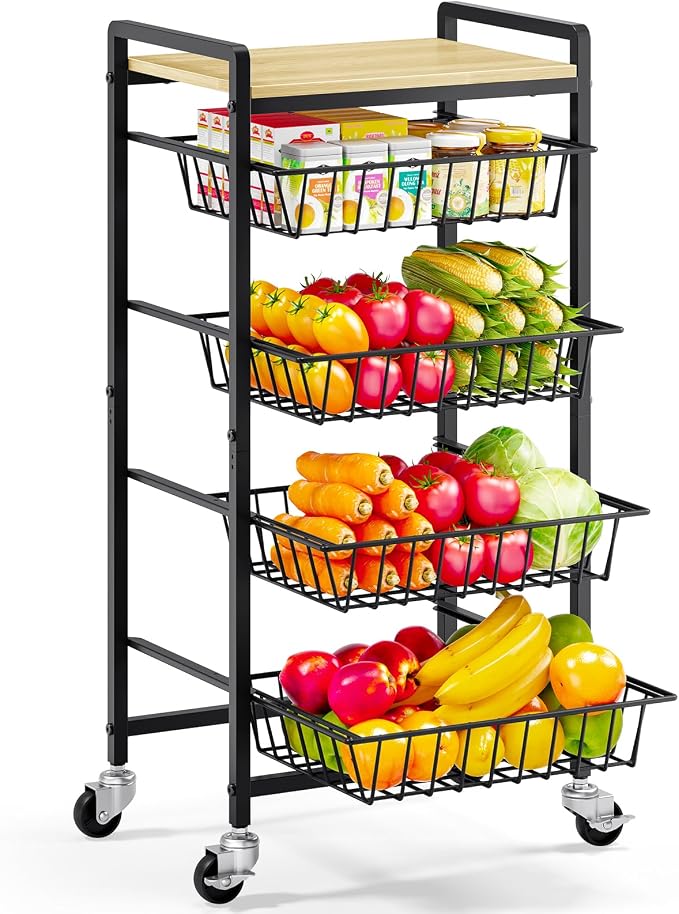 TOOLF 5 Tier Kitchen Storage Cart, Metal Utility Rolling Snack Cart | Wooden by TOOLF