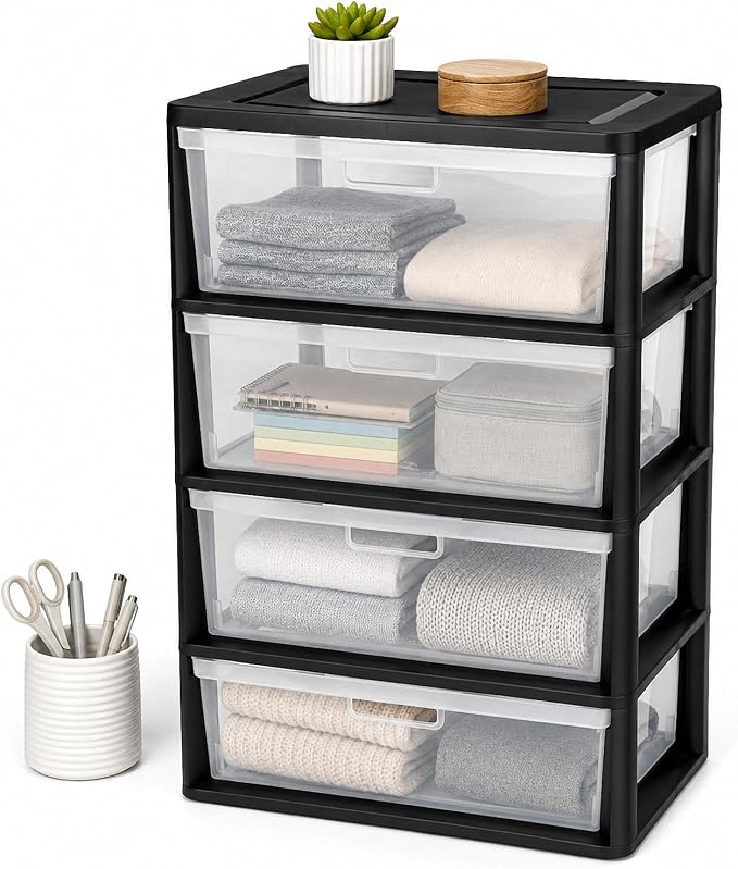Wide 4 Drawer Plastic Storage Tower Organizer Clear Bins Bedroom | Removable by Unknown