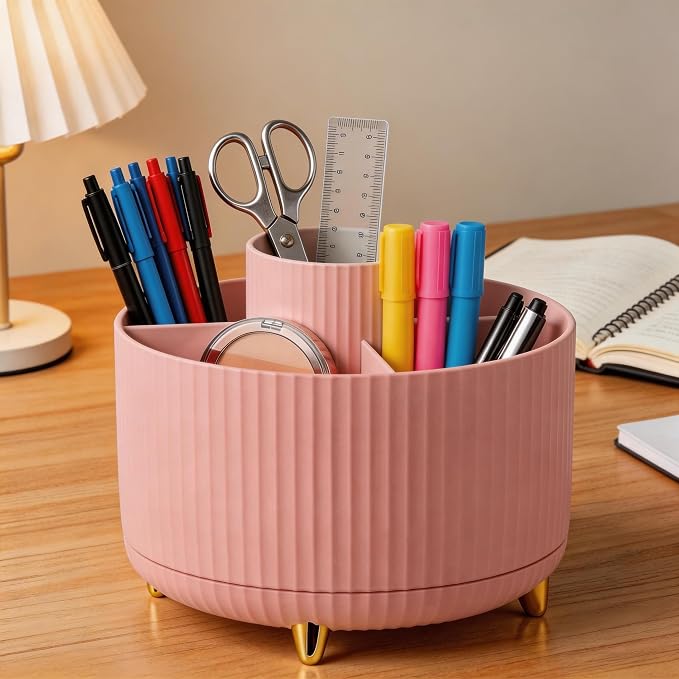 360 Rotating Makeup Brush Holder Organizer, 5-Slot Pink Spinning Cup - Image 6