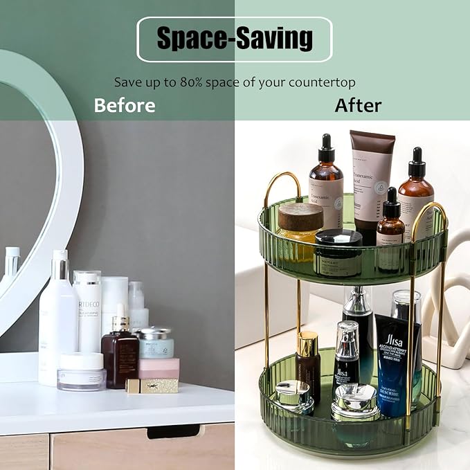 Rotating Makeup Organizer Countertop 2 Tier Lazy Susan Trays Clear Skincare - Image 4