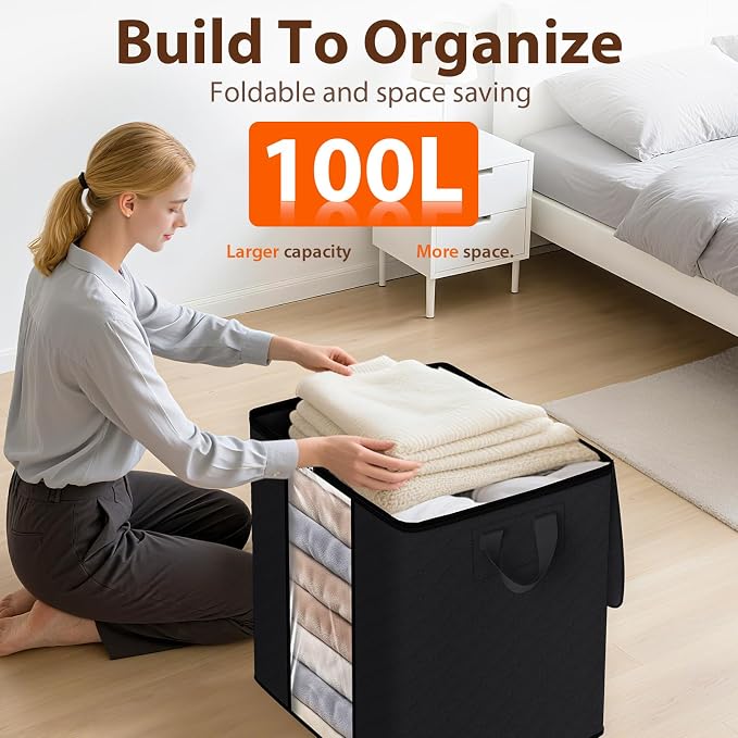 SpaceWhisper 4 Pack 100L Clothes Storage, Foldable Thick Fabric Blanket Storage - Image 5