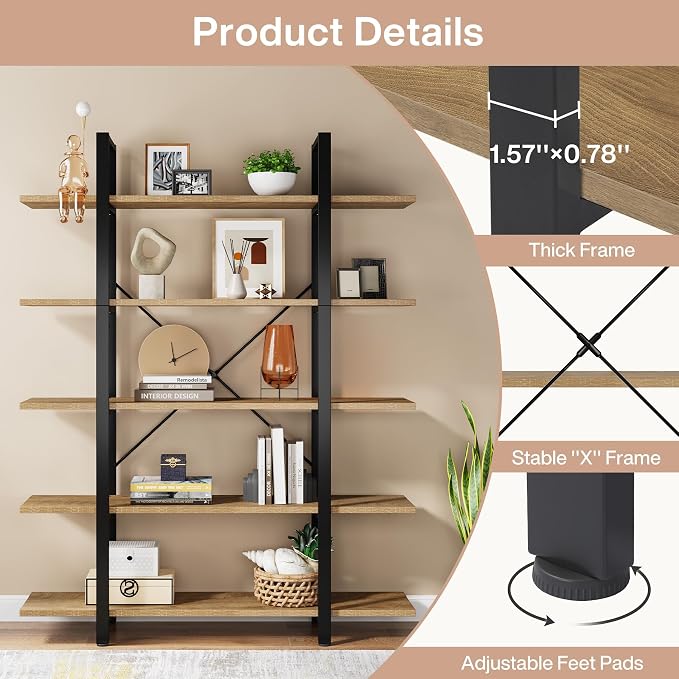 Tribesigns 5-Tier Bookshelf, Vintage Industrial Style Bookcase 72 H x 12 W x - Image 9