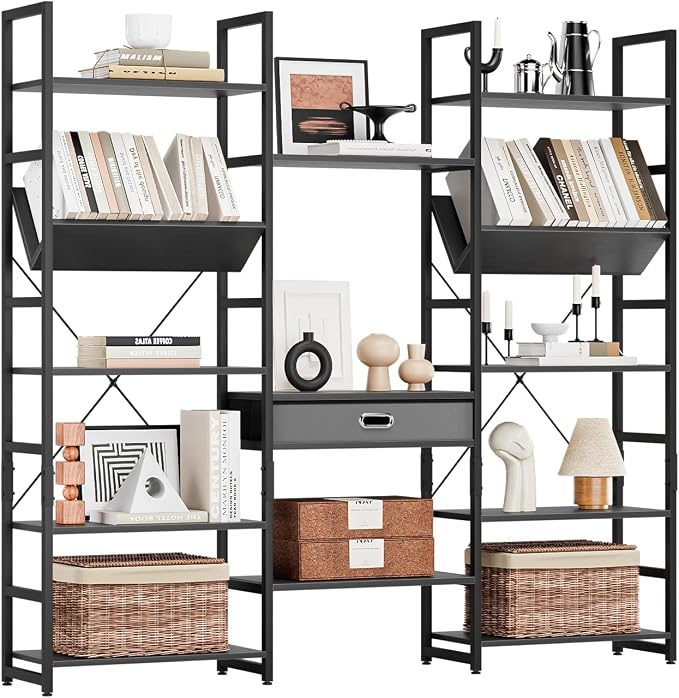 NUMENN Bookcases and Bookshelves Triple Wide 5 Tier Bookshelf, Large Etagere - Image 3