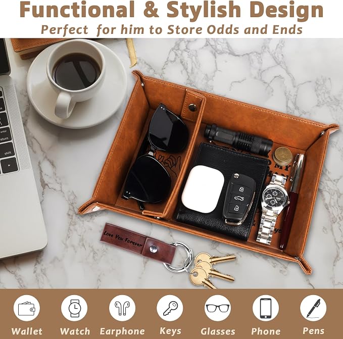 Gifts for Him, PU Leather Valet Tray and Keychain, Husband Birthday Gift Ideas - Image 2
