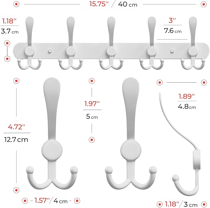 Coat Rack Wall Mount with 5 Tri Hooks, Stainless Steel 16 Inch – White Matte - Image 2