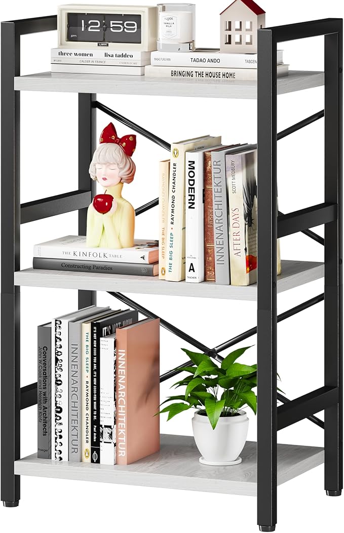 Homeiju Bookshelf, 3 Tier Industrial Bookcase, Metal Small Bookcase, Rustic by Homeiju