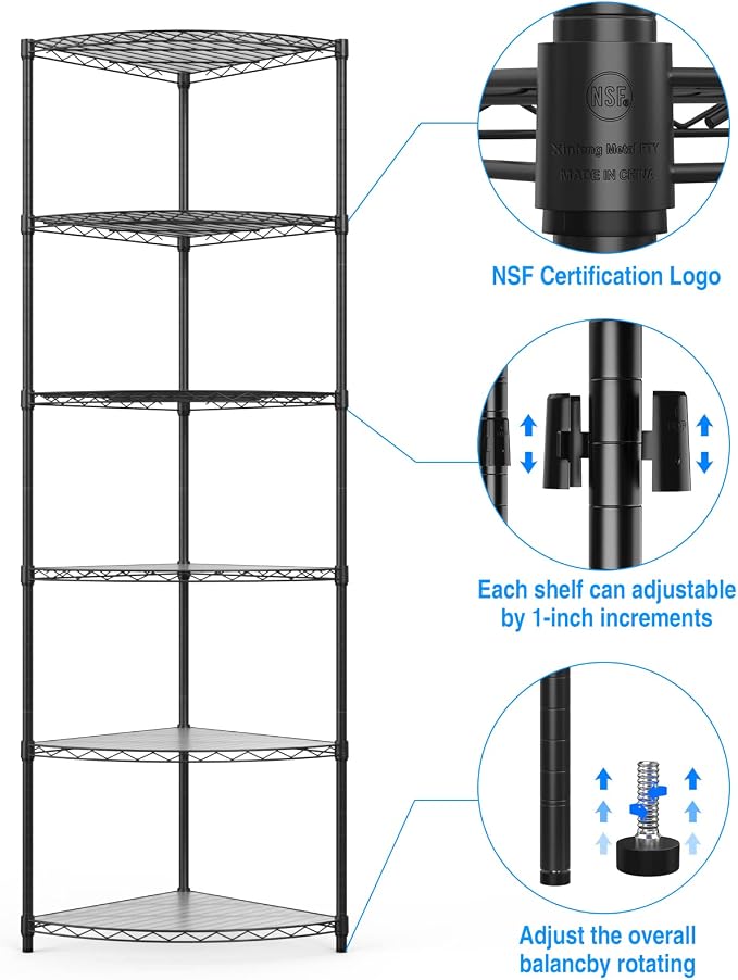 Black 6 Tier NSF Metal Triangular Corner Wire Shelving Units, 420lbs Storage - Image 4