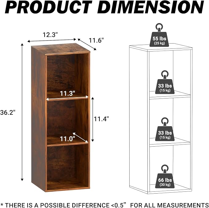 Cube Storage Organizer, 3 Cube Retro Bookshelf, Freestanding 3 Tier Open Shelf - Image 3