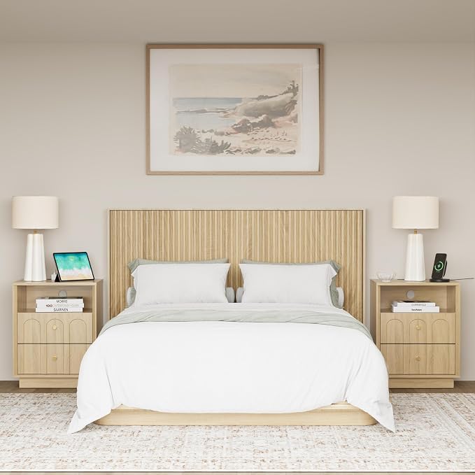 Nightstand with Charging Station, Mid Century Modern Nightstand with Arched - Image 9