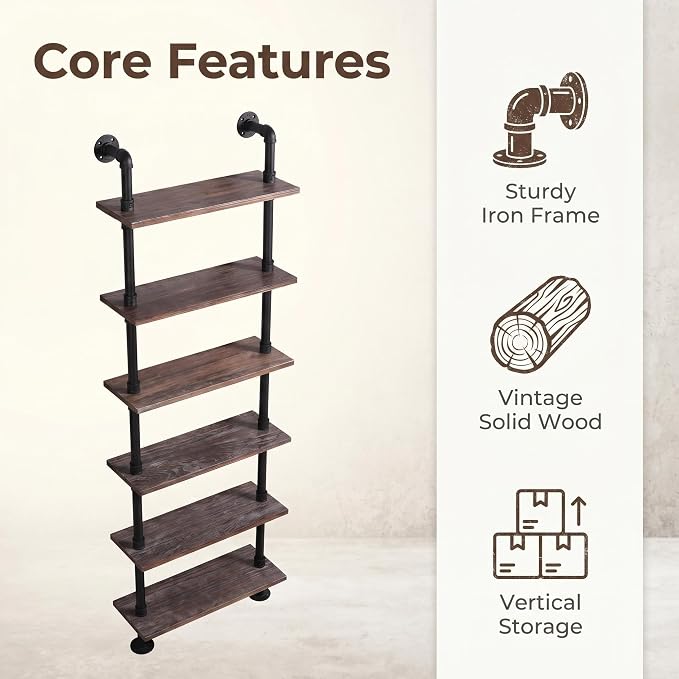 Industrial Pipe Shelves Rustic Modern 24"W Wood Ladder Bookcase - Image 5