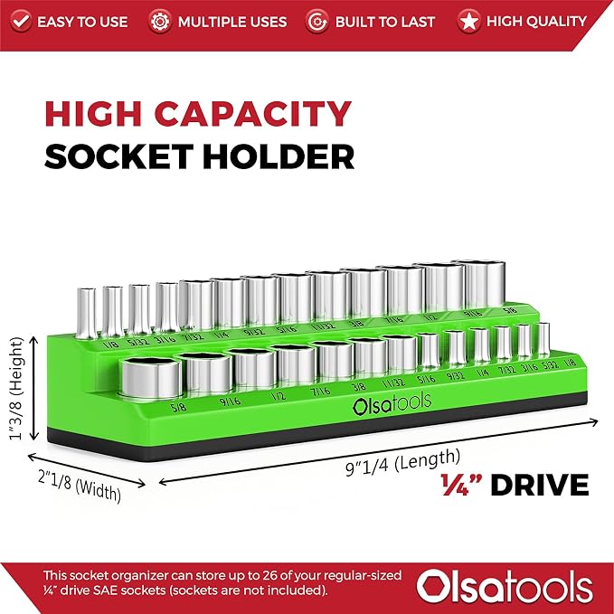 Olsa Tools Magnetic Socket Organizer | 1/4-inch Drive | SAE | Green | Holds 26 - Image 3