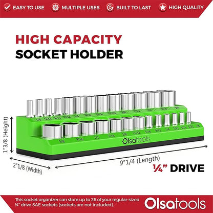 Olsa Tools Magnetic Socket Organizer | 1/4-inch Drive | SAE | Green | Holds 26 - Image 3