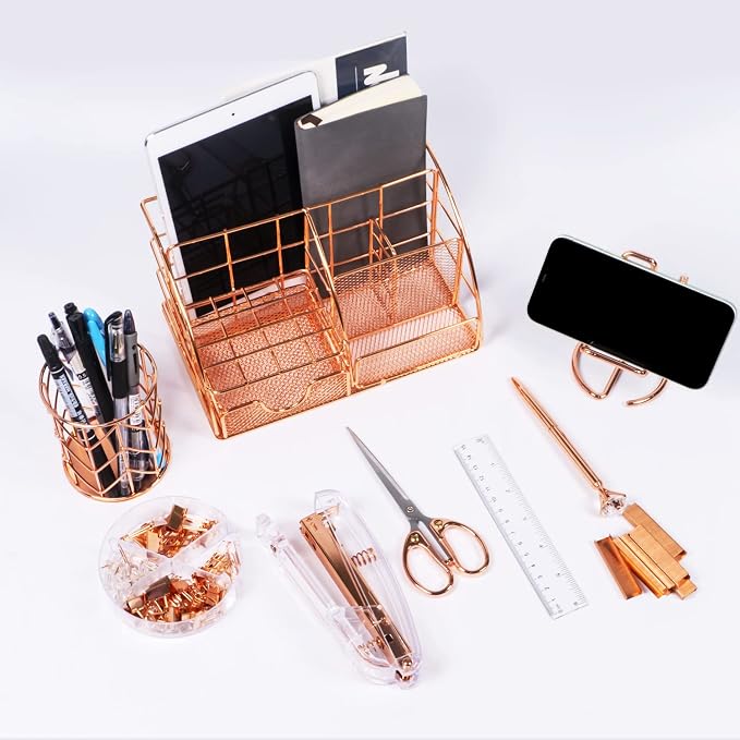 KAAKOW Rose Gold Desk Organizers and Accessories Office Supplies Set Stapler - Image 6