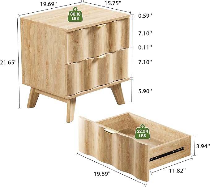 Nightstand, Bedside Table with 2 Drawers and Metal Handles, Sofa Side End Table - Image 2