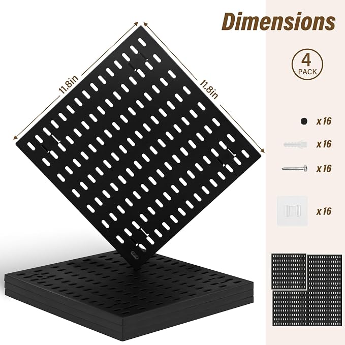 AKTOP Peg Board Wall Organizer 4-Pack – 12"x12" Black Pegboard Panels - Image 3