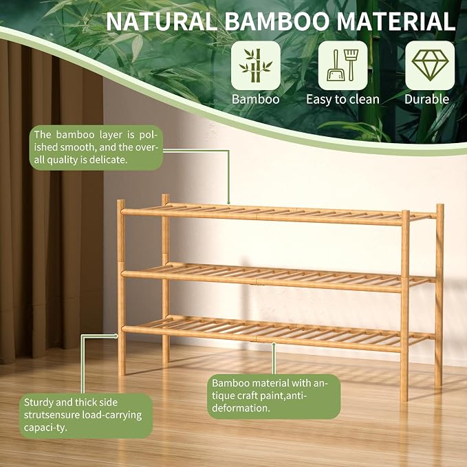 3-Tier Bamboo Long Shoe Rack, Free Standing Wood Shoe Shelf Storage Organizer - Image 5
