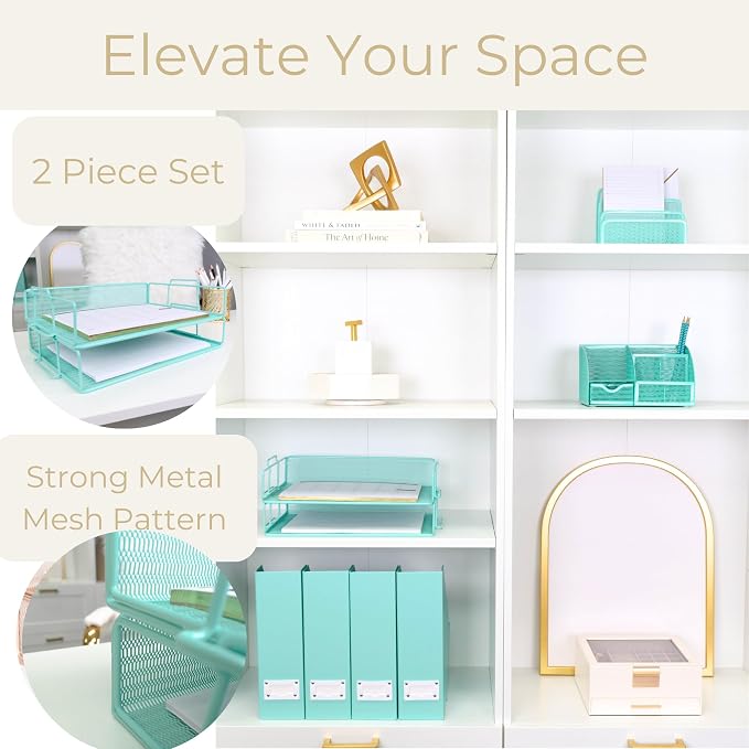 BLU MONACO Aqua Mesh Paper Tray Set of 2 | Stackable Letter Trays - Image 3