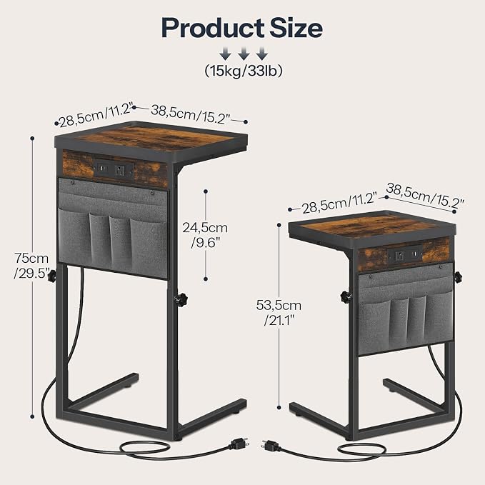 HOOBRO C-Shaped End Table with Charging Station, 29.5” Adjustable Height Side - Image 9