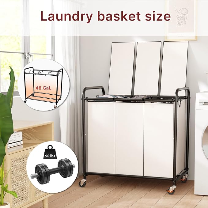 180L Laundry Sorter 3 Section – Heavy Duty Rolling Laundry Basket - Image 2