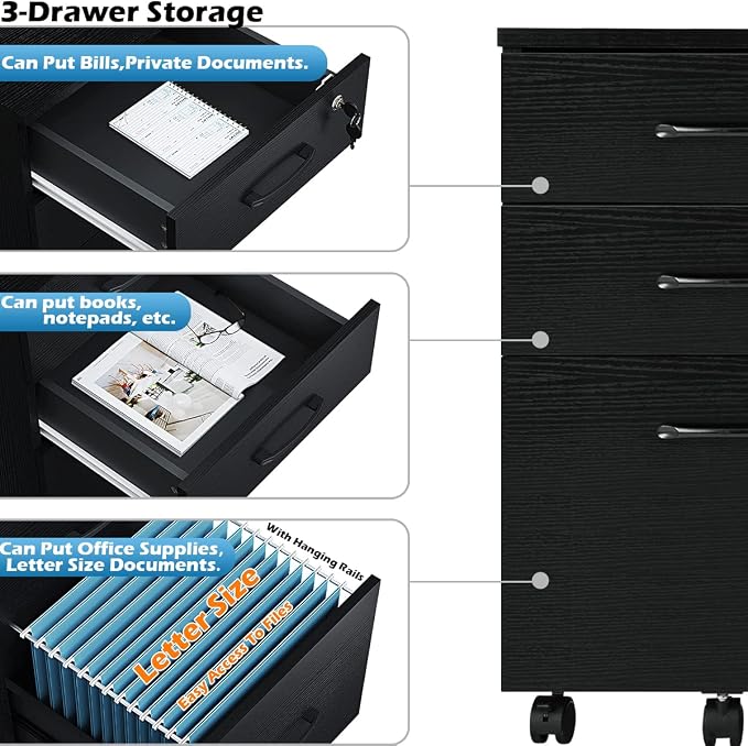 Panana 3 Drawer Wood Mobile File Cabinet, Under Desk Storage Drawers Small File - Image 5