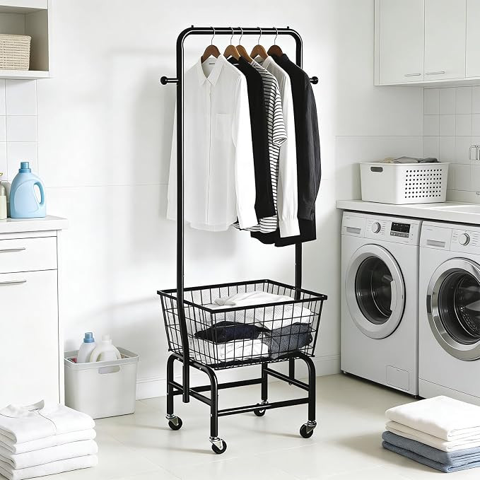 Rolling Laundry Cart with Hanging Rack Metal Laundry Basket with Wheels Laundry - Image 7