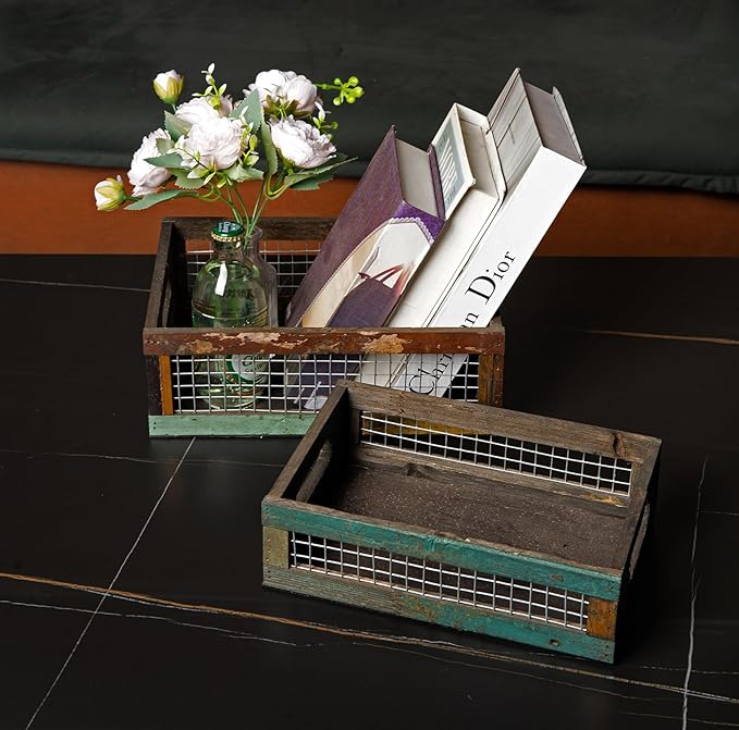 TIMRIS Set of 2 Rustic Wooden Countertop Baskets, Farmhouse Distressed Nesting - Image 6
