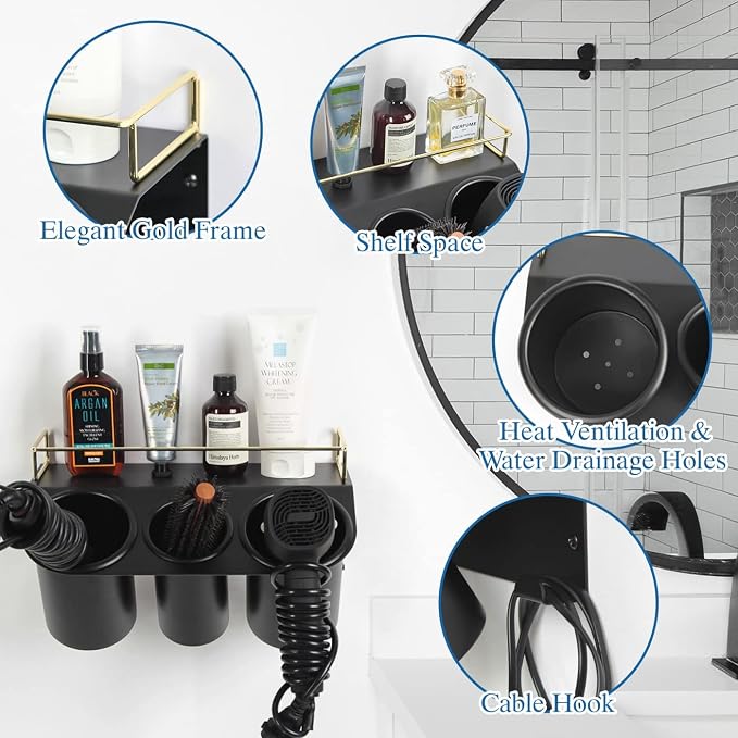J JACKCUBE DESIGN Hair Dryer Holder Wall Mount Bathroom Vanity Hair Styling - Image 5