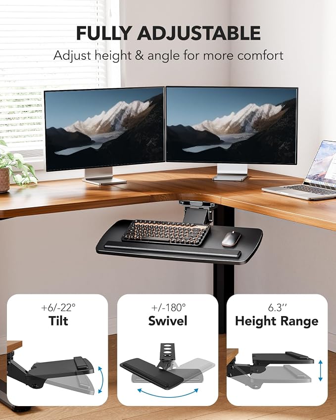 HUANUO Keyboard Tray Under Desk, 360 Adjustable Ergonomic Sliding Keyboard & - Image 4