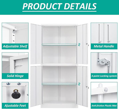 Metal Storage Cabinet with 3 Adjustable Shelves, Tall Steel Pantry Cabinets 4 - Image 8