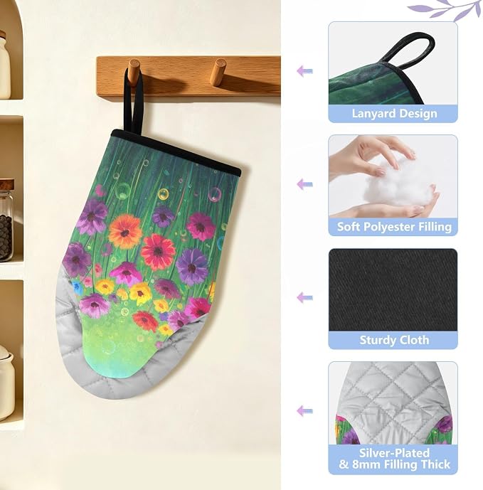 Heat Resistant Oven Mitts, Floral Flowers Spring Color Plants Kitchen Gloves - Image 4