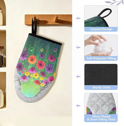Heat Resistant Oven Mitts, Floral Flowers Spring Color Plants Kitchen Gloves - Image 4