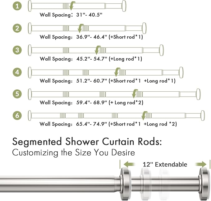 AmazerBath Nickel Spring Tension Shower Curtain Rod 31-75 Inches, 1 Inch - Image 2